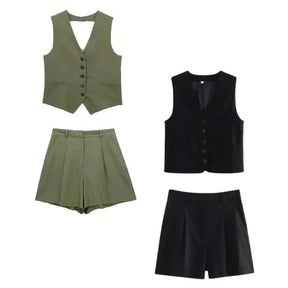 Kit 2 Conjuntos Femininos em Alfaiataria Colete e Shorts em Linho