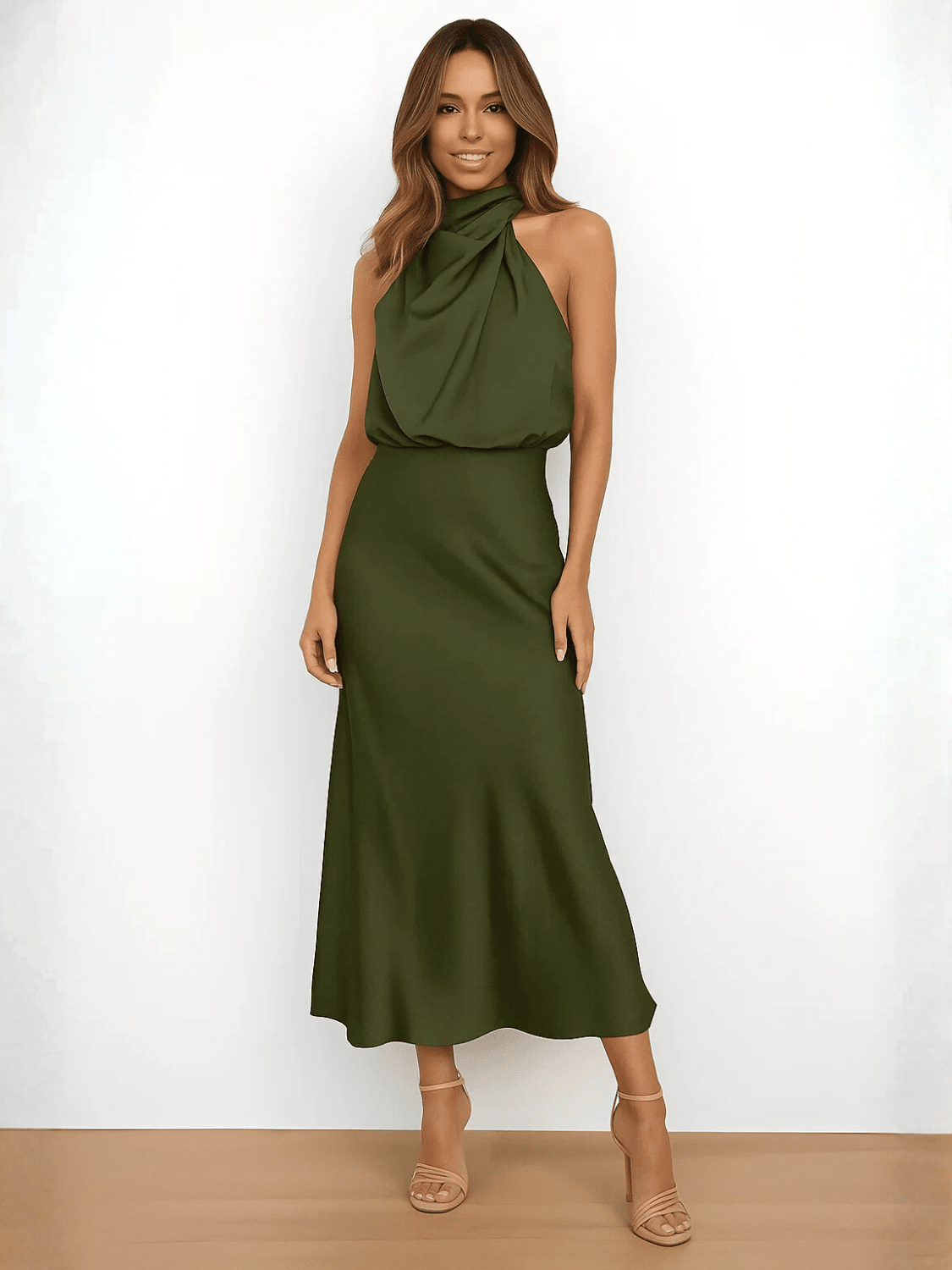Vestido Midi Acetinado Acinturado com Gola Alta Drapeada Elegante – Rayca